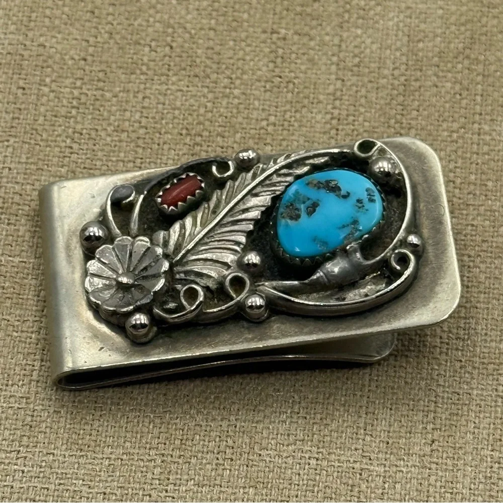 Native American Navajo Handmade Sterling Silver and turquoise Money Clip